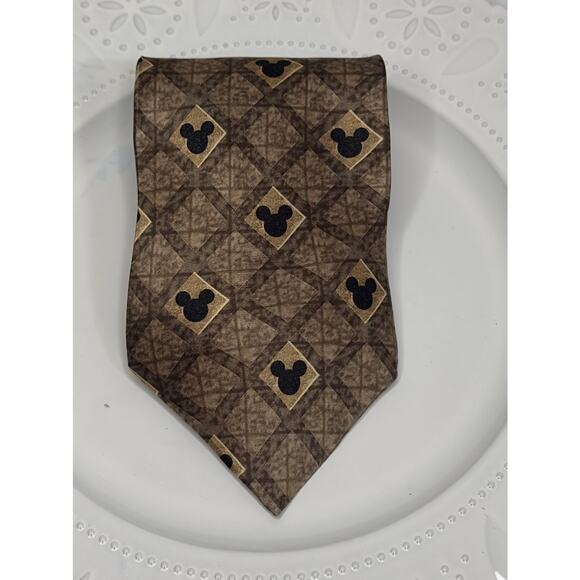 Walt Disney World Mickey Mouse Tie - 100% Silk - Brown/Gold - 60” long - Picture 1 of 6